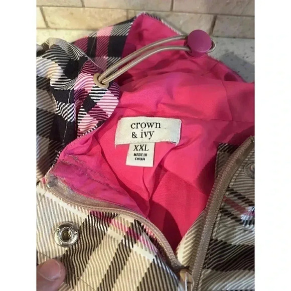 Crown & Ivy Women's Rain Jacket Pink Tan Plaid Rain Coat Size xxl - Picture 2 of 4